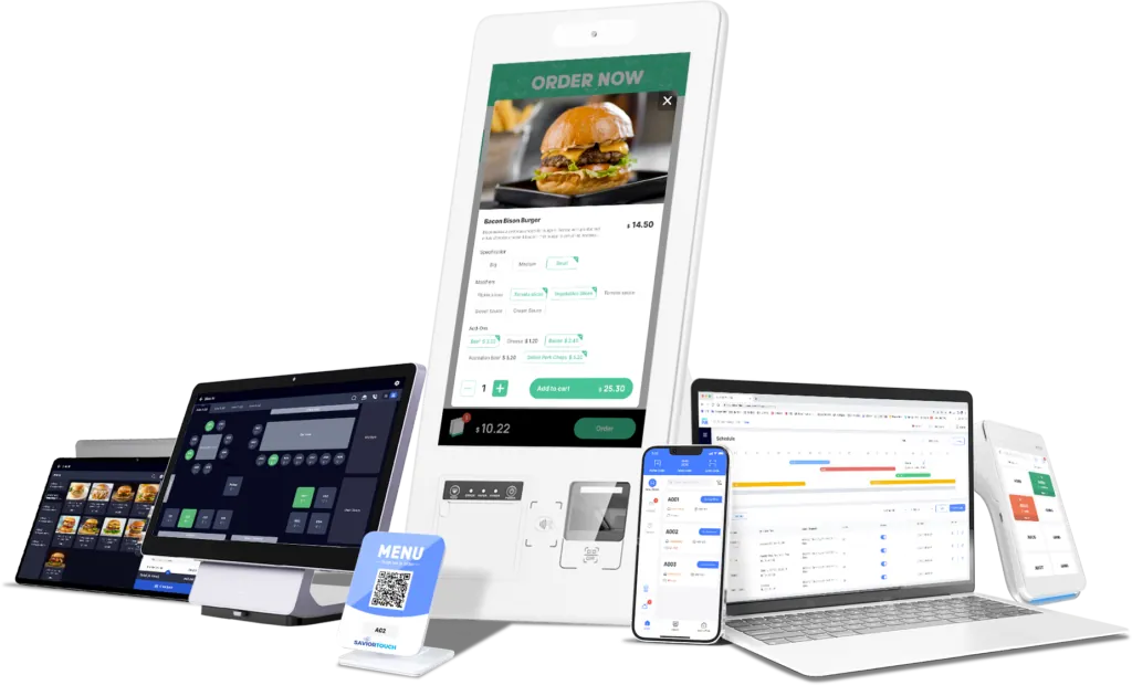 The SaviorTouch device family: counter terminals, kiosk, QR table card, phone ordering, back office and handheld