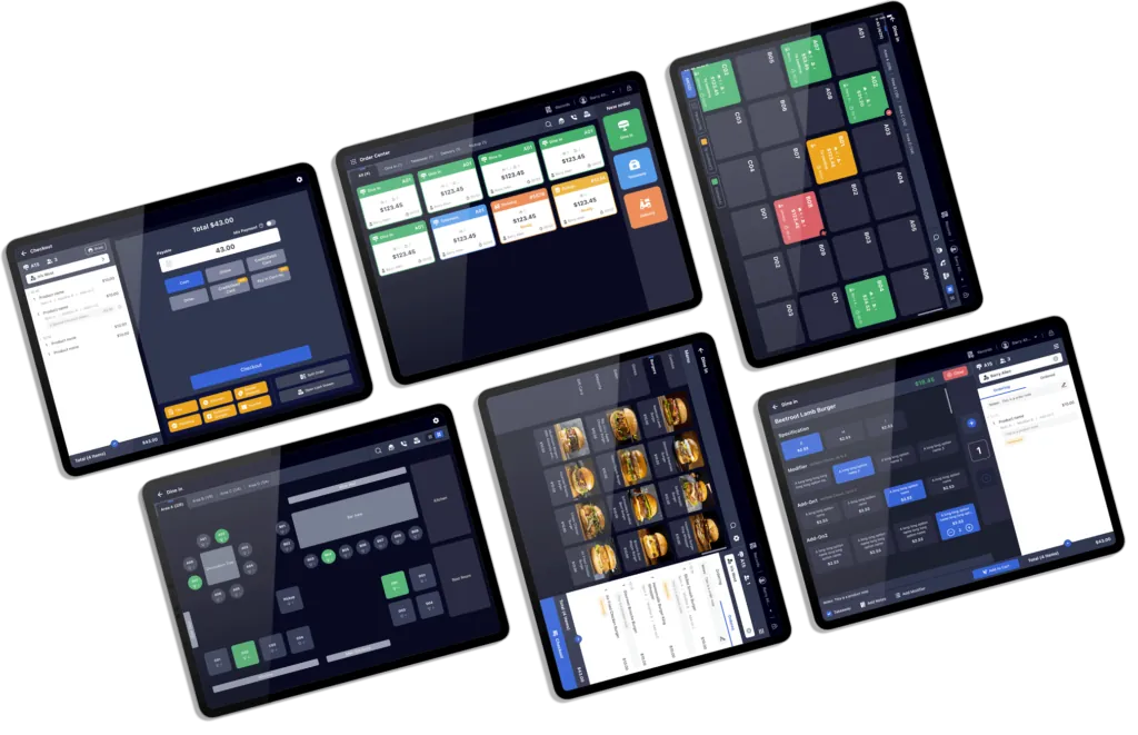 Six SaviorTouch screens: order entry, tables, kitchen and reports